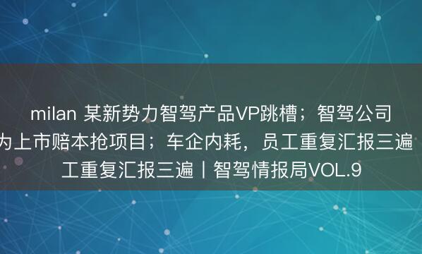 milan 某新势力智驾产品VP跳槽；智驾公司低价截胡大客户，为上市赔本抢项目；车企内耗，员工重复汇报三遍丨智驾情报局VOL.9